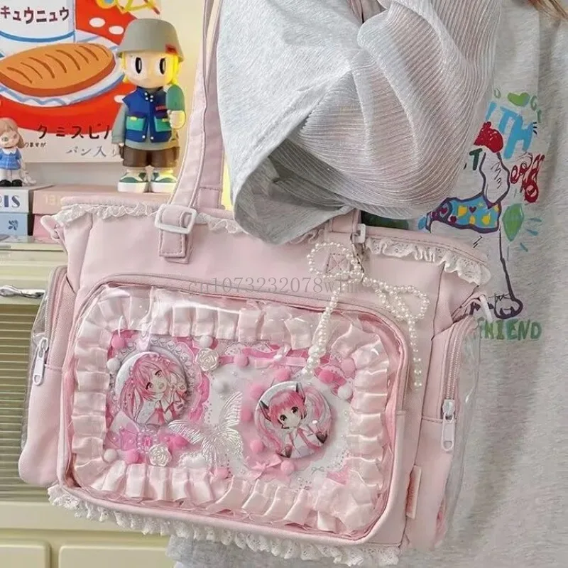 

Japanese Sweet Lolita Girl Ita Bag Large Capacity Transparent Handbags Casual Fashion College Tote Bag DIY Badge Shoulder Bag