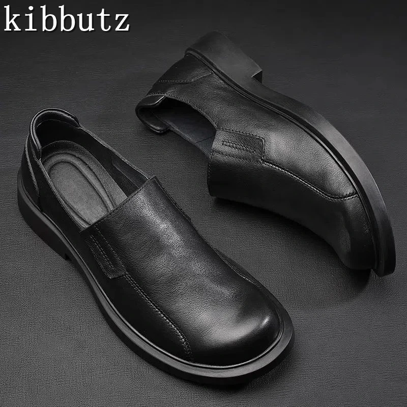 Scarpe da uomo d'affari in vera pelle con punta tonda nera Designer stile britannico fondo morbido Slip On scarpe Casual da cerimonia