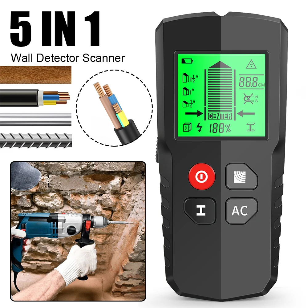 Professional Multifunction for Wood AC Wire Cable Metal Detector 5 in 1 Handheld Wall Detector Scanner HW-QB5 LCD Display