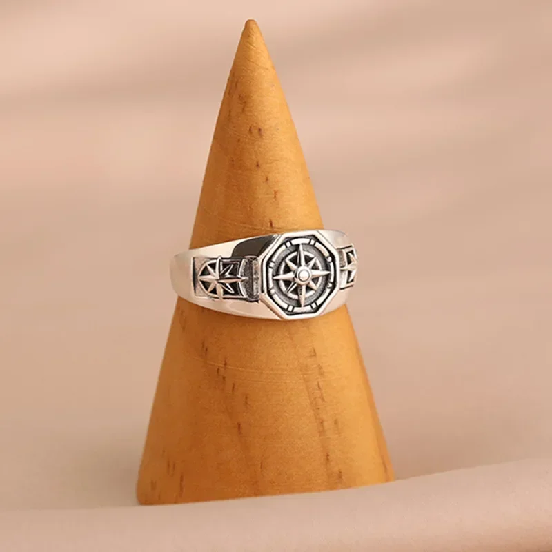 2024 new Retro Poseidon Compass Ring Silver-Plated Hexagram Opening Adjustable Ring Men and Women Hip-Hop Trend Jewelry Gift