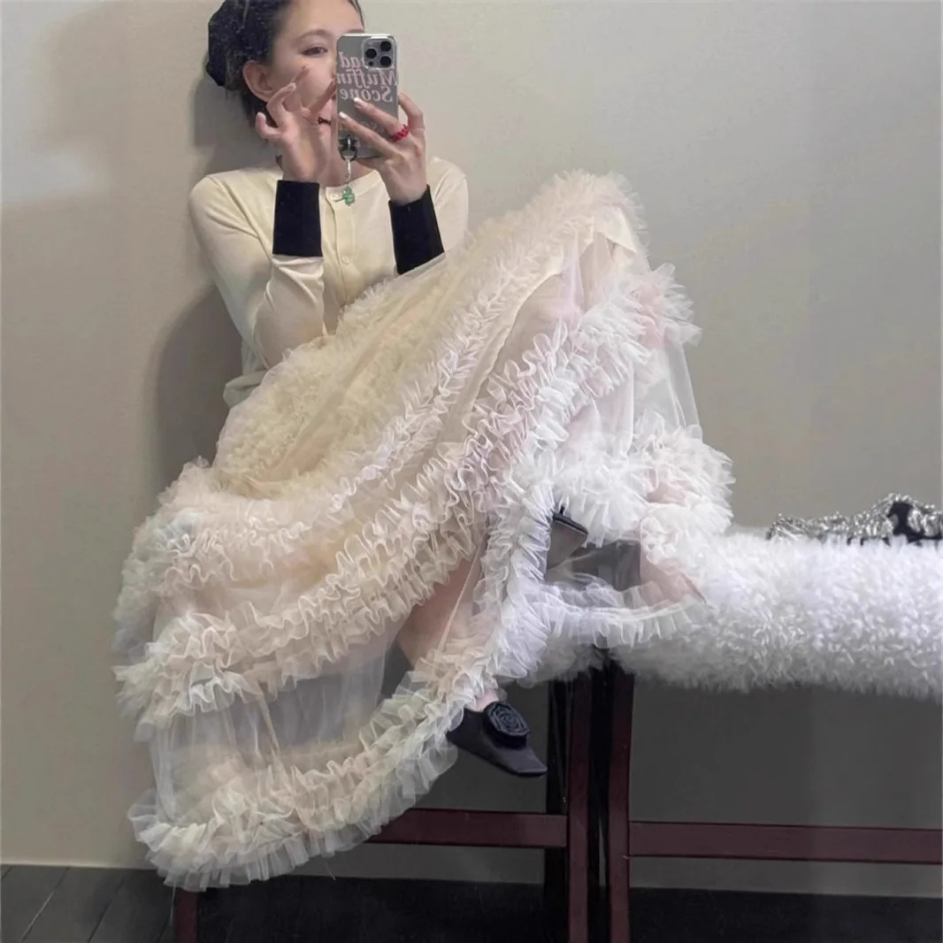 2025 Nieuwe Niche Fee Sfeer Lange Koreaanse Stijl Mesh Patchwork Gelaagde Taart Halve Rok voor Vrouwen Stapelen Damesmode