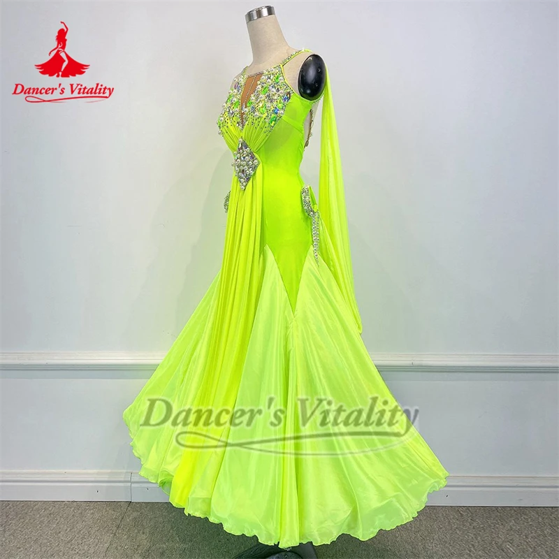 Women Social Dance Fluorescent Yellow Sleeveless Backless Luxury Dresses Customized Waltz Tango Perform Outfit Dancer's Vitality