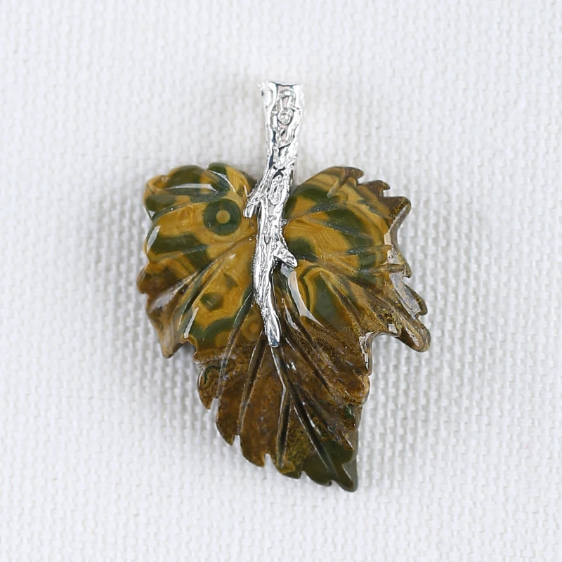 

Natural Gemstone Ocean Jasper Handcarved Leaf Pendant 925 Sterling Silver Necklace Accessories 38x27x9mm 7.3g