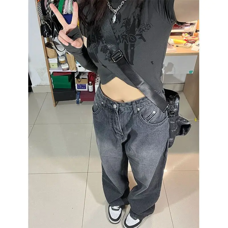 Female Streetwear Denim Trousers Y2k High Straight Jeans Women Vintage 90S Waist Loose Wide Leg Casual Long Pants Clothing