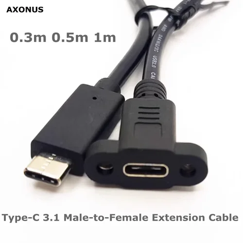 Cable de extensión macho a hembra USB C tipo C 3,1, 0,5 m, con orificio para tornillo de montaje en panel, espaciado de 17 mm, para instalación mecánica