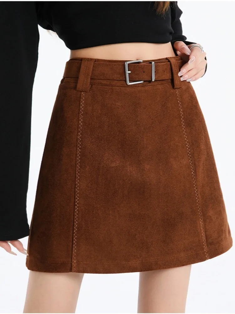 

New Autumn Winter Vintage Deer Skin Velvet Style High Waist A-line Skirt Women's Fashion Brand Season Short Skirt With Belt