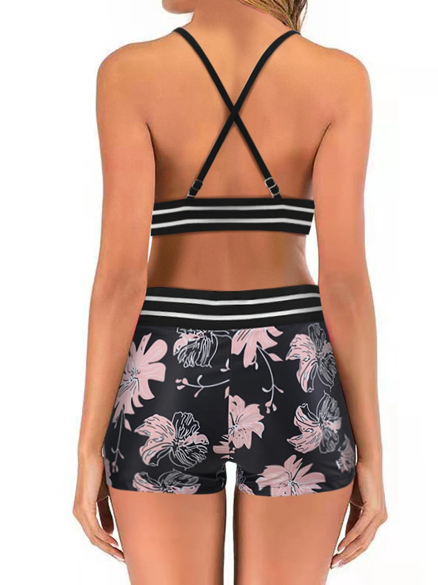 Sexy Mesh Tape Bikini 2023 Women High Waist Swimsuit Floral Print Swimwear Female Lady Cross Back Bathing Suit Shorts Beachwear