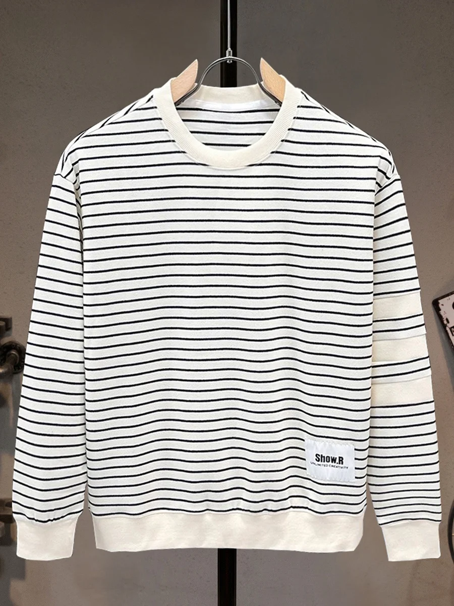 

Мужская футболка свободного кроя с длинным рукавом, спортивная, в полоску, с круглым вырезом, повседневная, из смесового полиэстера и хлопка, молодежная, модная.