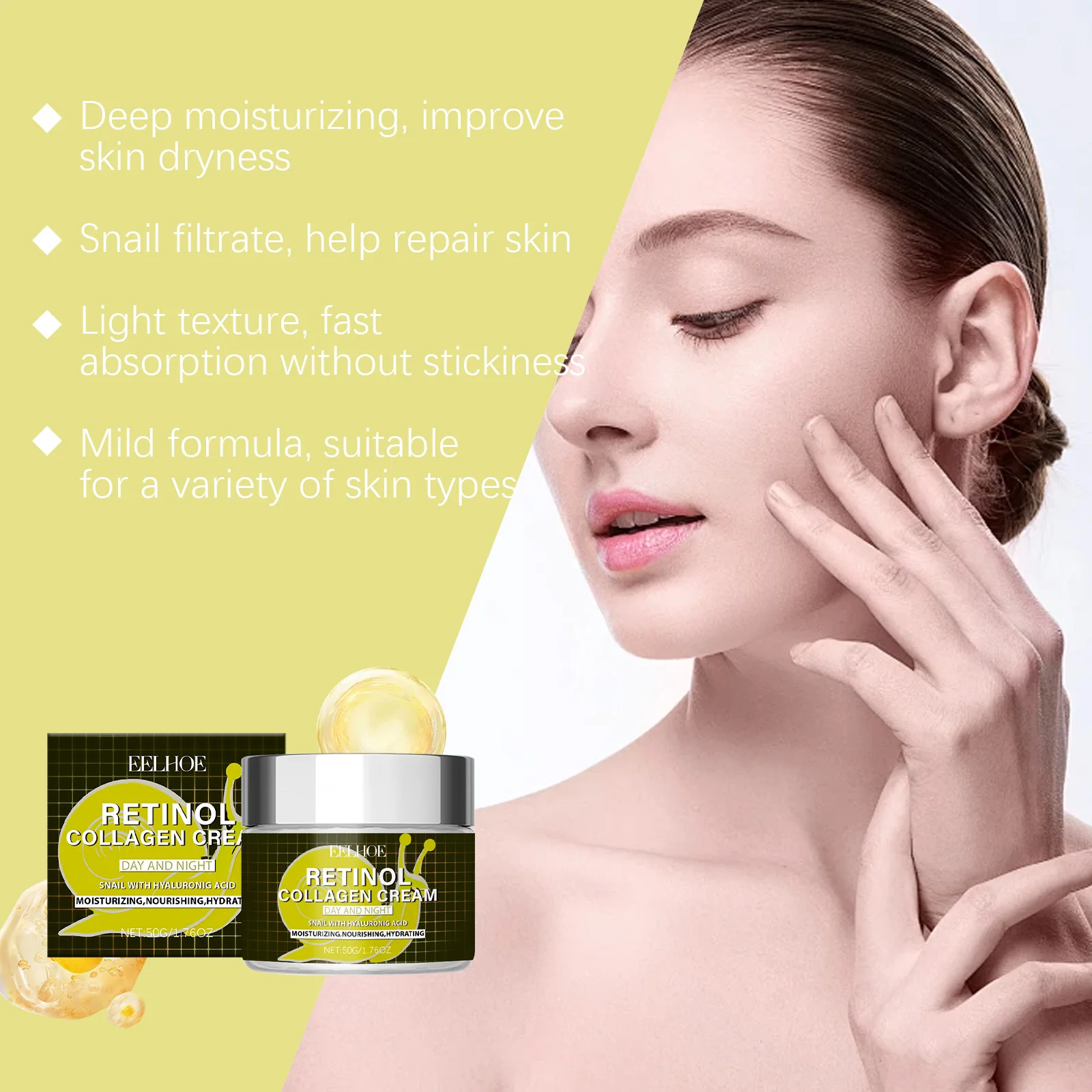 콜라겐 크림 – 달팽이 뮤신과 히알루론산이 함유된 주야간 보습제 – 수분 공급, 영양 공급 안티에이징 페이스 크림