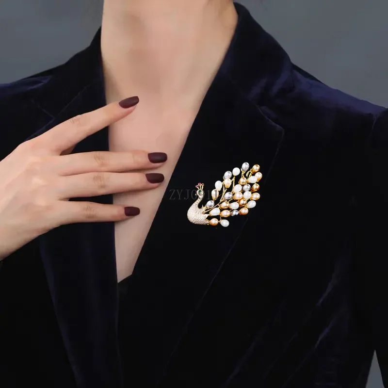 Роскошная брошь в виде павлина с кубическим цирконием, атмосфера, павлин, открытый экран, броши с пресноводным жемчугом для женщин, аксессуары, элегантные ювелирные изделия