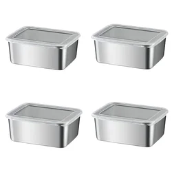 Stainless Steel Food Containers Rectangle Food Storage Box Set of 4 Leak Proof Clear Plastic Lid Airtight Meat Storage Container