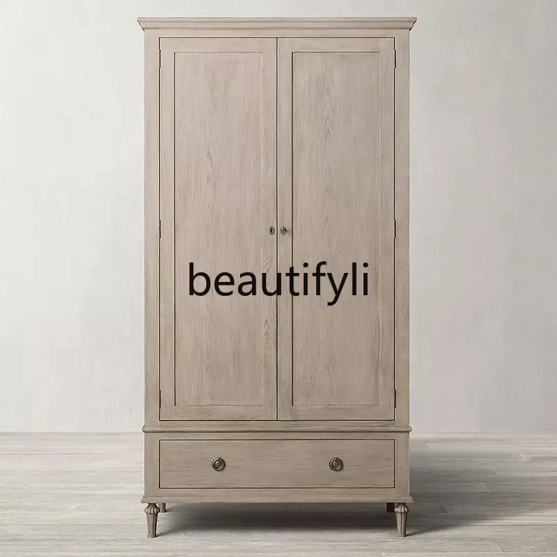American Country Style Solid Wood Vintage Double Door Wardrobe French Oak Storage Cabinet Two Door Closet Bedroom
