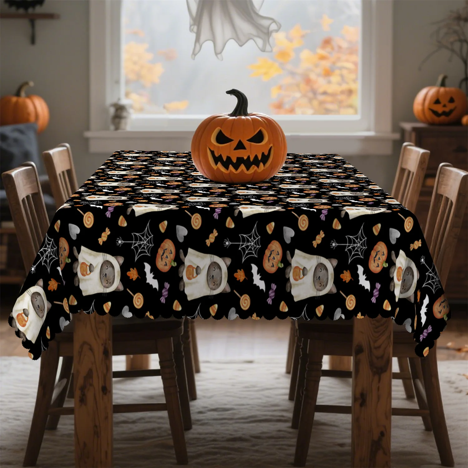 Pumpkin, Cat, Bat, Spider, Candy, Heart - Halloween Tablecloth, 1 pack, suitable for kitchen table, party decorationzyc