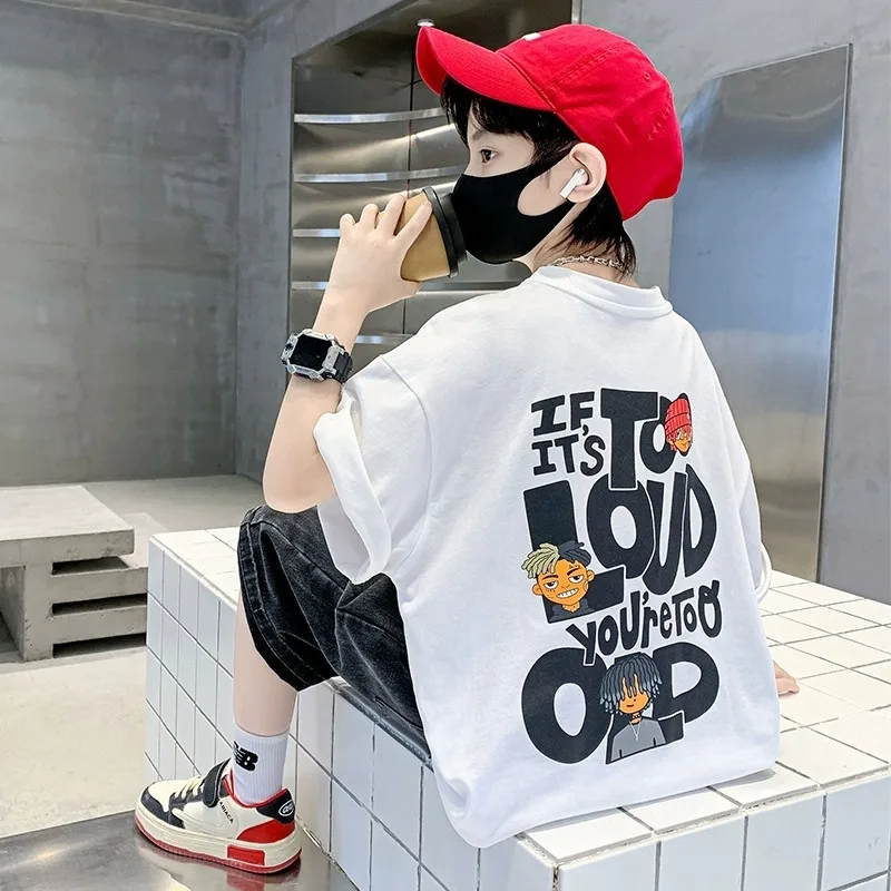 2024 Spring Summer Kids Clothes Streetwear Fashion Cartoon Print T Shirt 100%Cotton Tops Tees Children Short Sleeve Boys Clothes