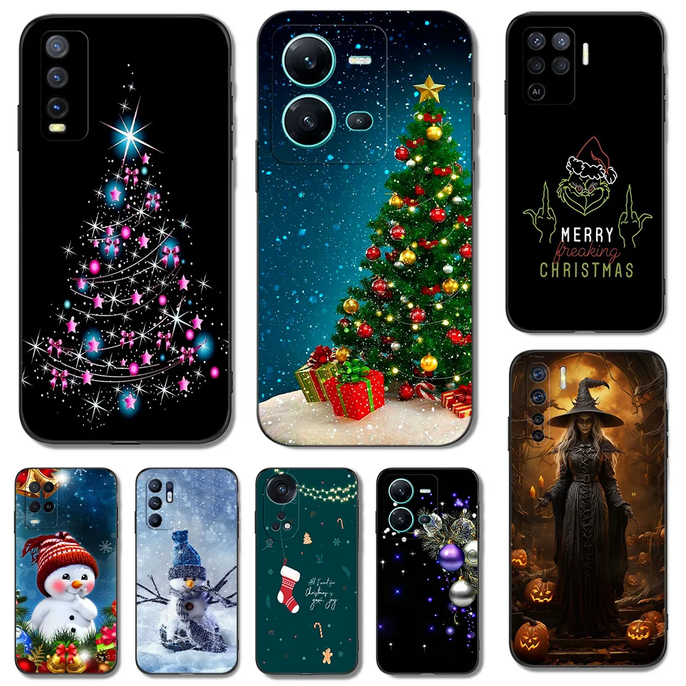 Black Tpu Case For Vivo Y02A Y02T Y02 Y35 Y36 4G Russian Version Y11 2023 Back Cover Christmas Halloween Snowman