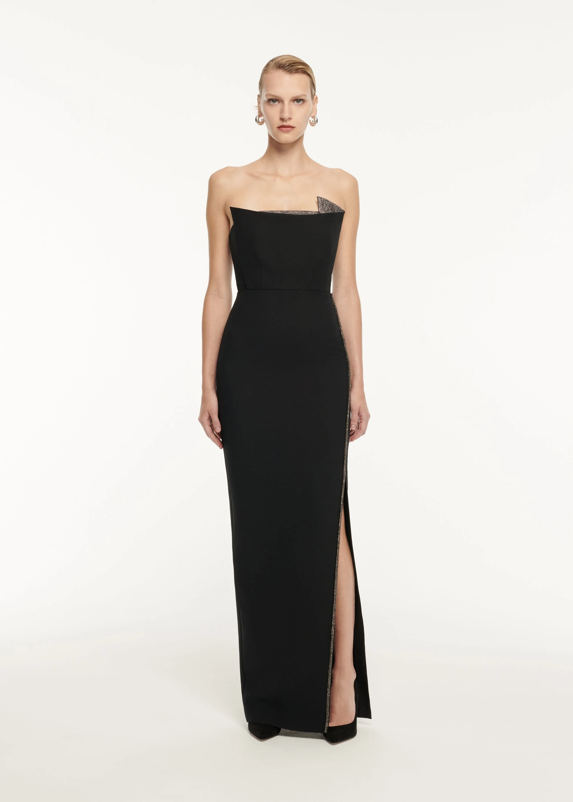 

Customized Black Jersey Evening Dress with Sparkly Crystal Strapless Sleeveless Side Slit Sleeveless Zipper Back Party Dresses