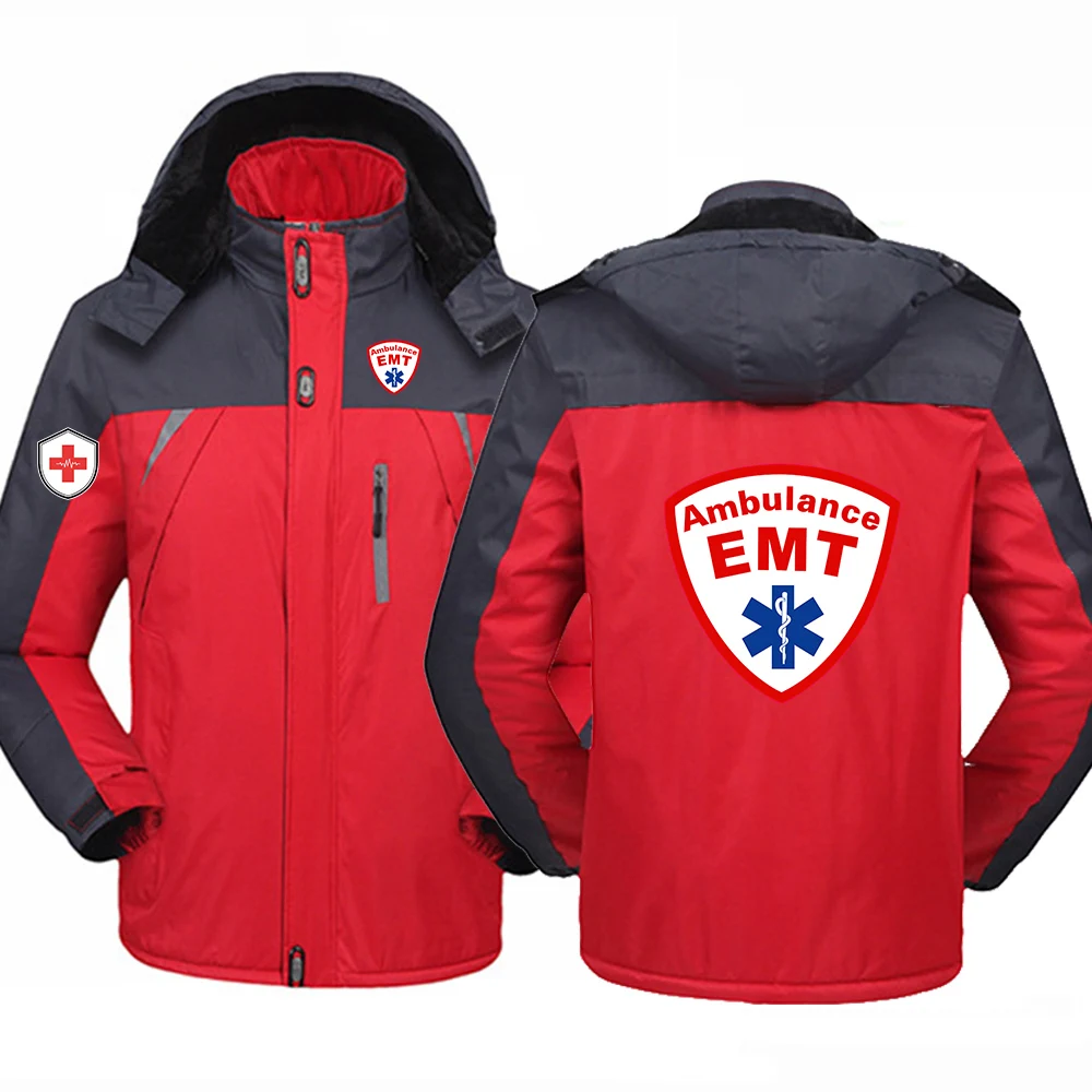 EMT Emergency Ambulance Logo Print 2026 Autumn Winter Men's Hooded Faux Fur Jacket Windproof Warm Fleece-Lined Thickened Coat