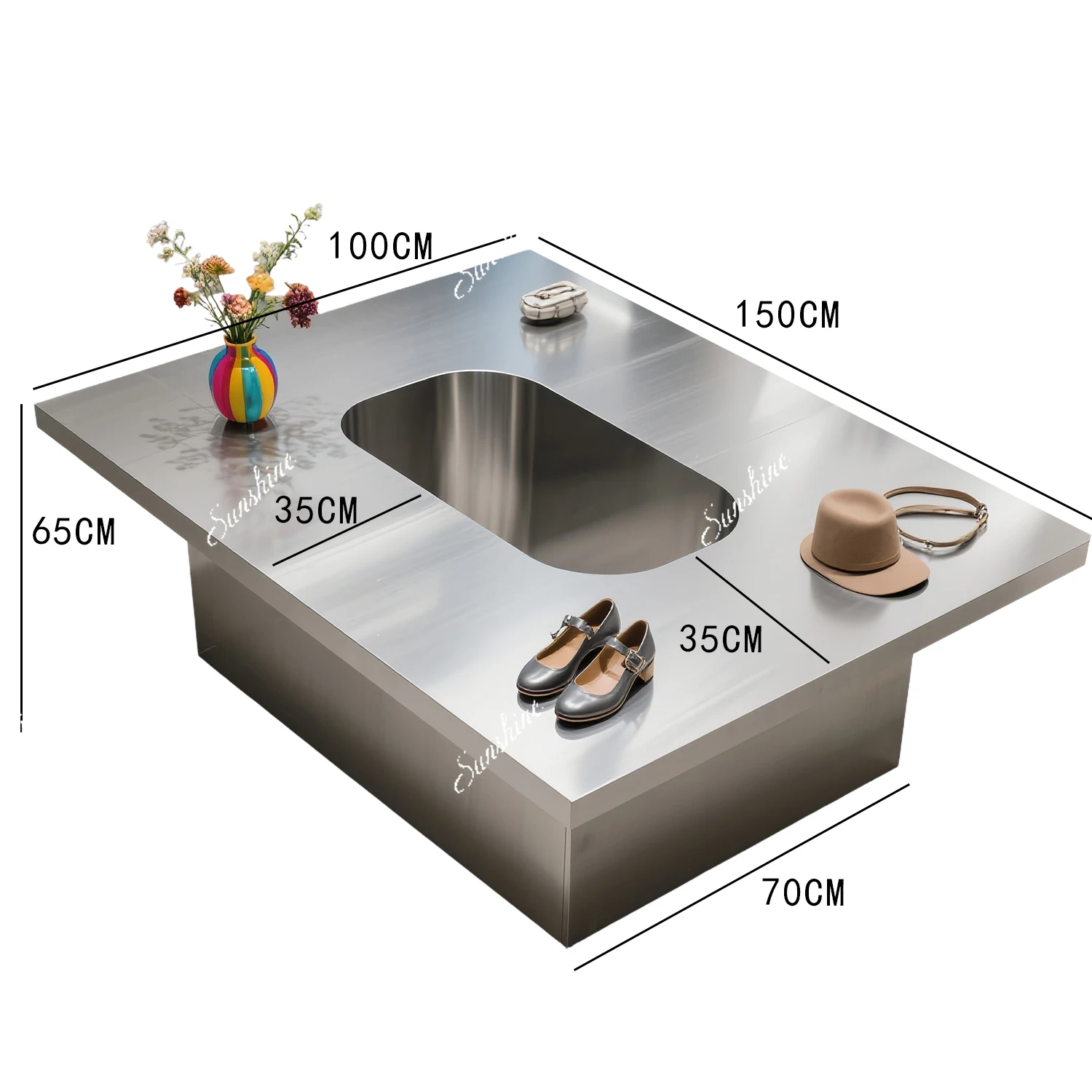 Clothing store stainless steel island flowing table creative accessories placed on the table