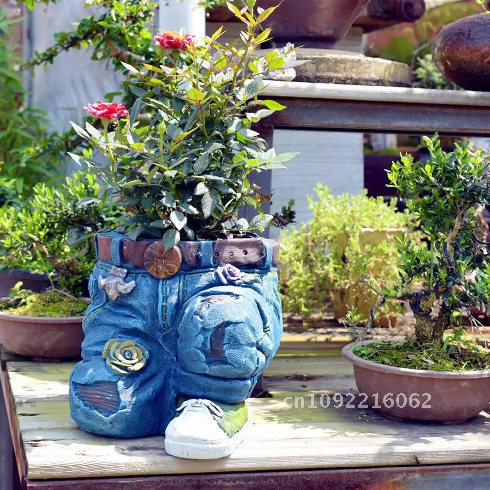 

Creative Jeans Flower Decor Unique Resin Crafts Retro Resin Denim Pants Lawn Planter For Figurines Home Garden Yard Shape Pot