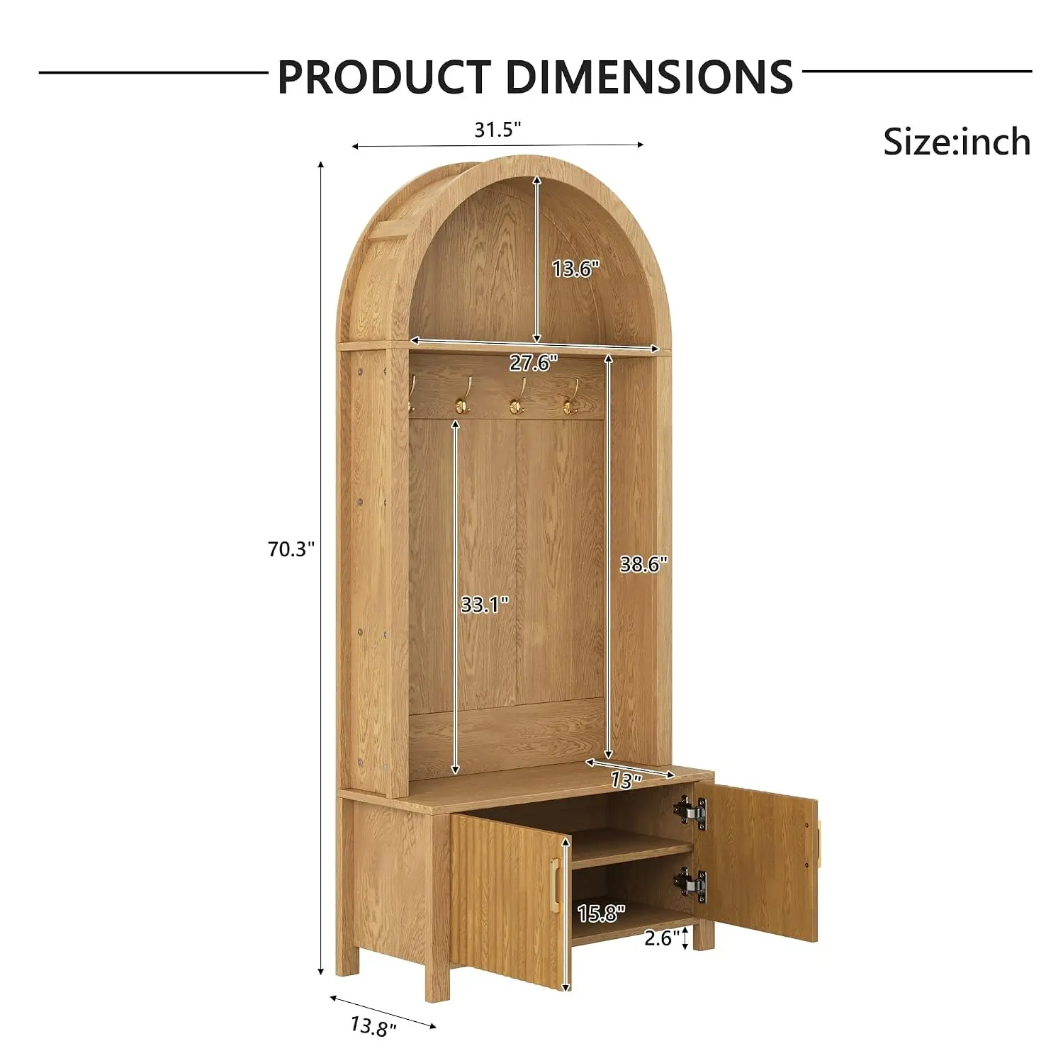 Arched Top Hall Tree with 4 Metal Hooks and 2 Fluted Doors, 70.3