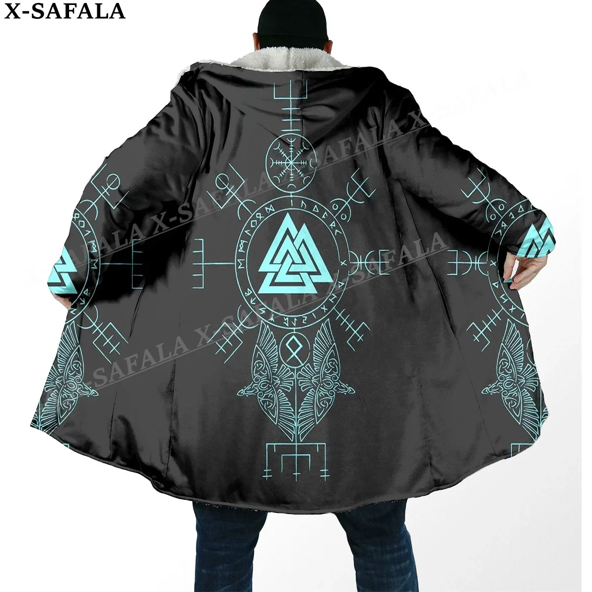 Symbol Tattoo Viking Totem Arts Thick Warm Hooded Cloak Men Overcoat Coat Windproof Fleece Cape Robe Hooded Blanket-2