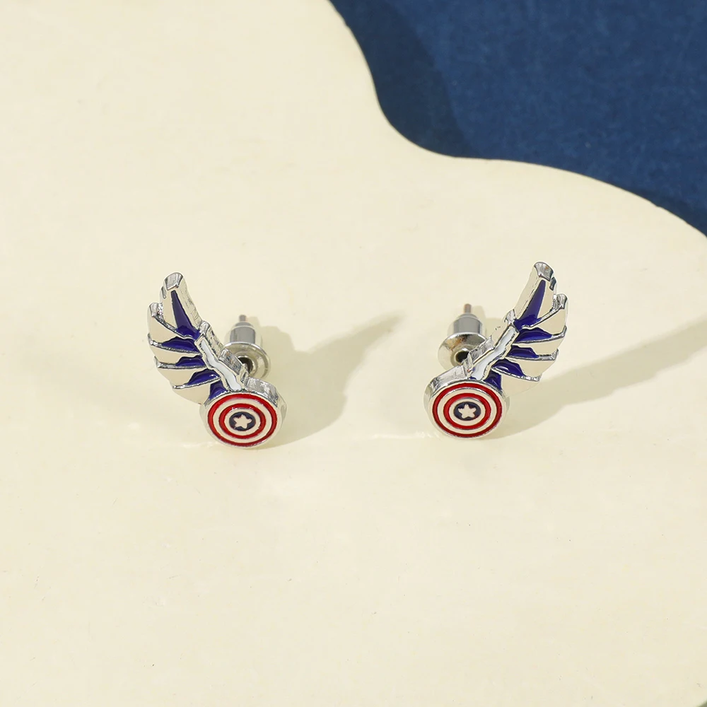 Winged Round Star Striped Enamel Stud Earrings, Red White Blue Patriotic Color Geometric Metal Ear Jewelry for Women Fans Gift