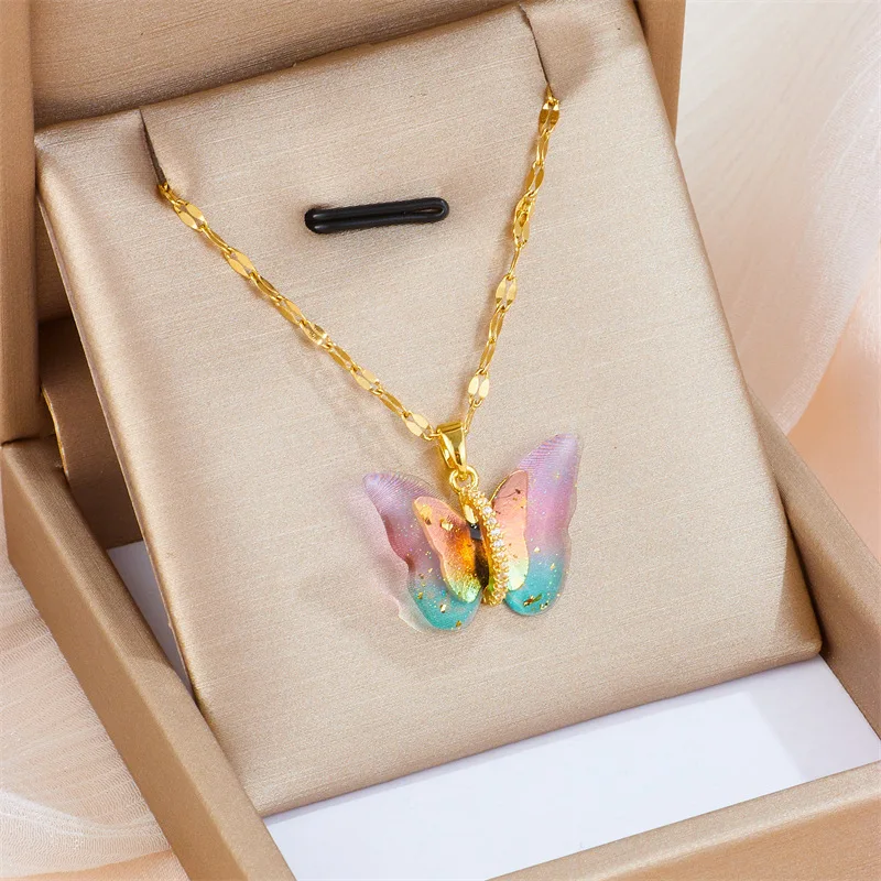 Korean Gradient Pink Blue Crystal Butterfly Pendants For Women Stainless Steel Chains Clavicle Necklace Female Party Jewelry