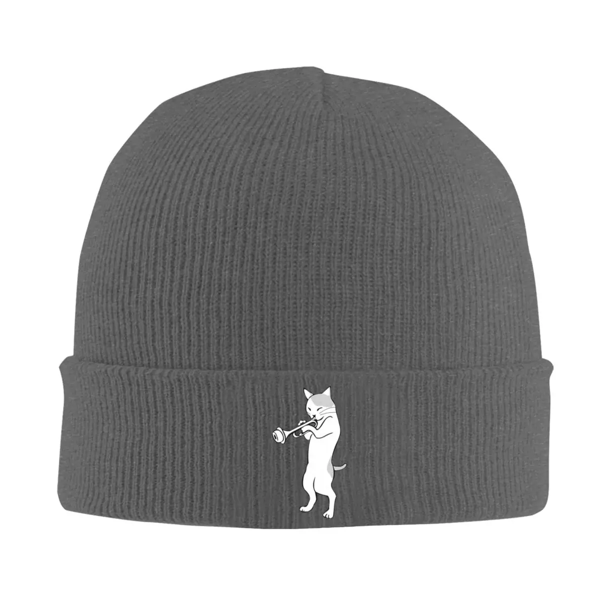 Cat Trumpet Player Straight Mute Wah Wah Funny Trumpet Warm Knitted Cap Bonnet Hat Autumn Winter Outdoor Beanies Hats for Unisex