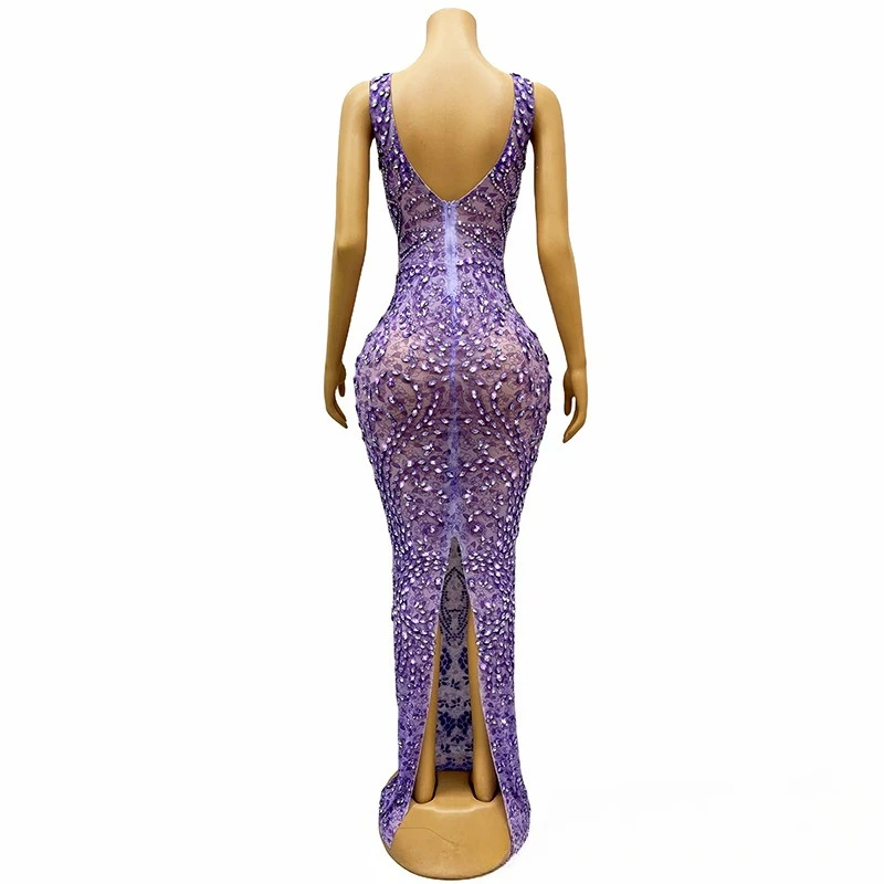 Fioletowa Sukienka na Szelkach z Siateczki z Cyrkoniami, Prześwitująca, z Drapowaniem, Modelka Dorosła, Sukienka na Wybieg, Modna Sukienka, Sukienki na Spotkanie Roczne, Wieczorowe, Ślubne