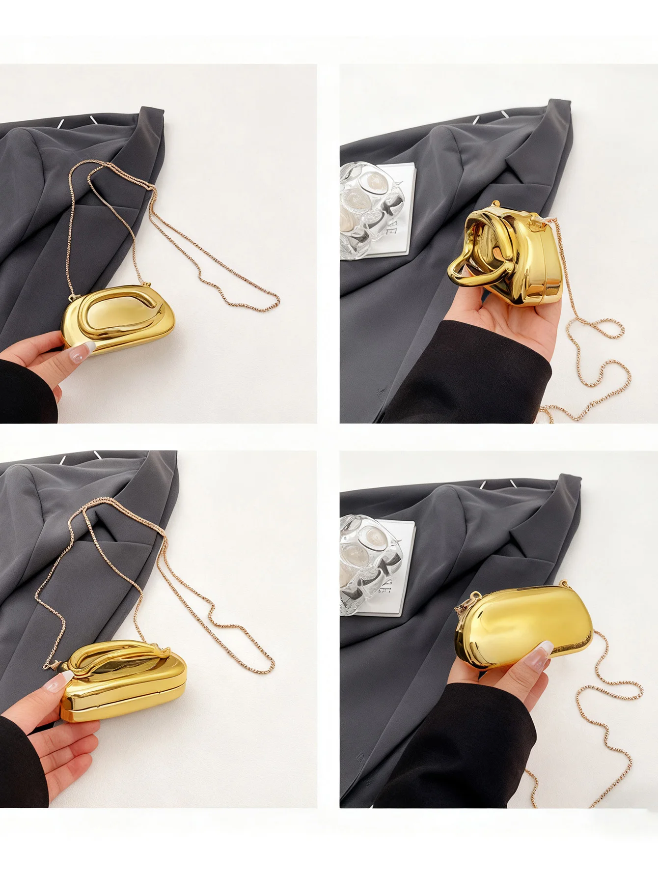 Mini-Version Modische Goldene Metallverschluss-Clutch-Tasche in Boxform für Damen, Abend-, Hochzeits-, Party-Ketten-Umhängetasche, Schultertasche – Detail 19