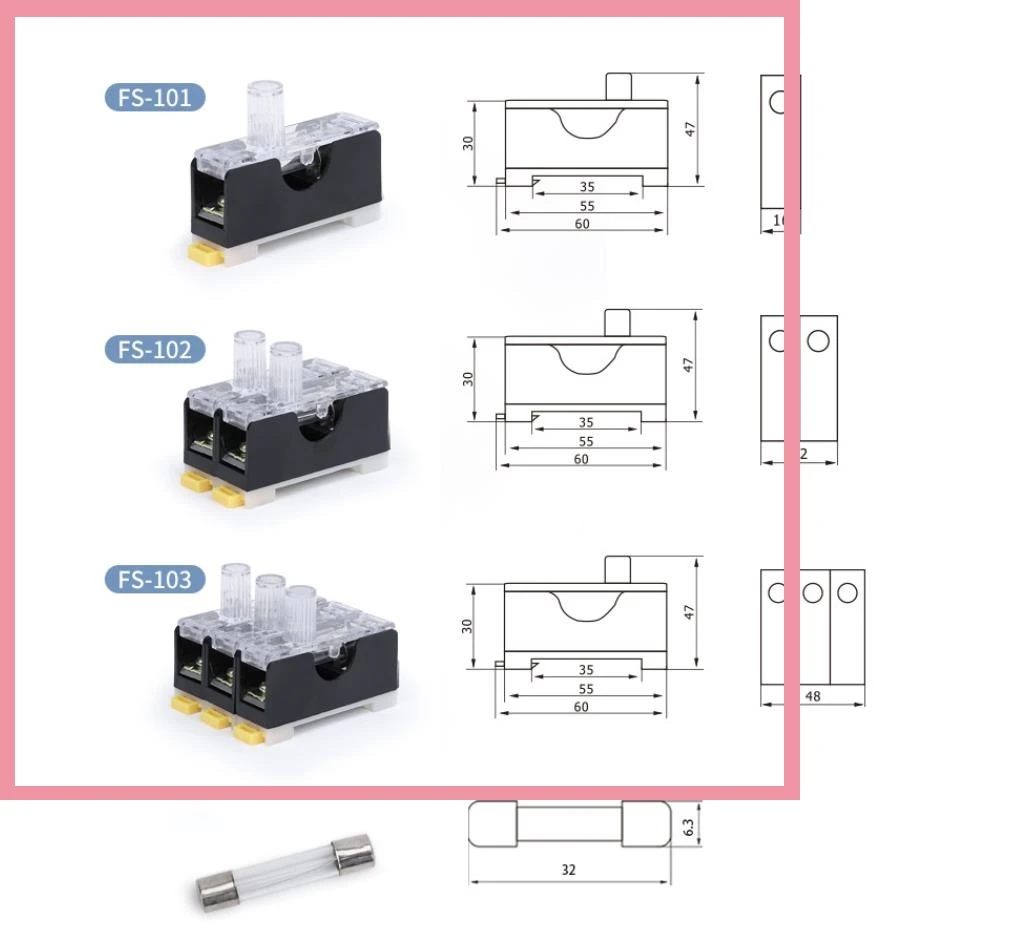 6*30mm 220V 10A Glass Fuse Holder FS-101 FS102 FS103 Din Rail Type Mount Single Pole 6*30 Tube Fuse Casing Box B6