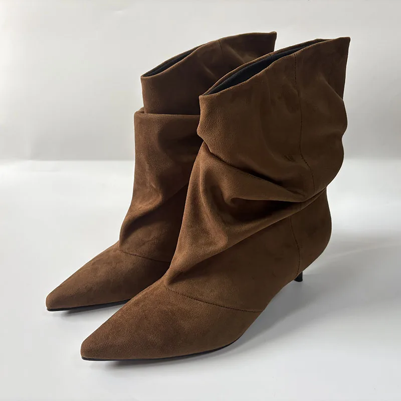 

Autumn Winter Design Pleated Women Ankle Boots With Thin Heels Shoes Fashion Pointed Toe Ladies Short Booties Slip On Shoes