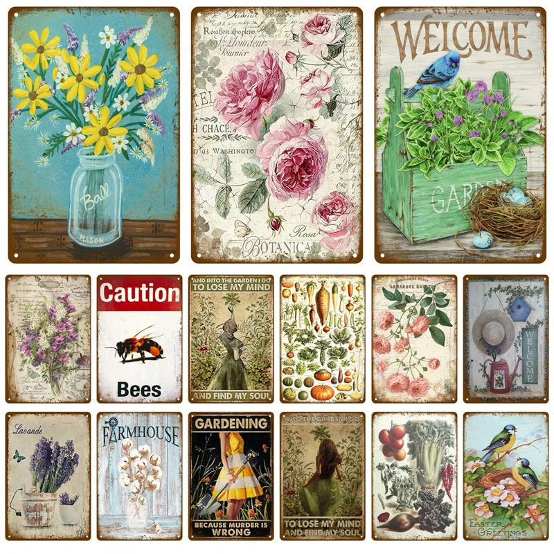 Vintage Tin Sign Flowers Birds Car Metal Plaque Welcome Poster Metal Sign Wall Decor For Cafe Home Garden Farm Beach Hut Outdoor