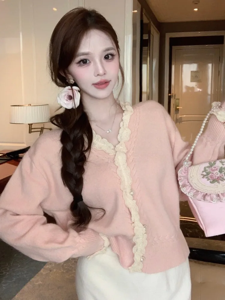 

Korean Style Sweet Girl Lace Trim Sweater Jacket Women's Loose Short Knitted Open Cardigan Top Trendy Autumn Winter New Arrival