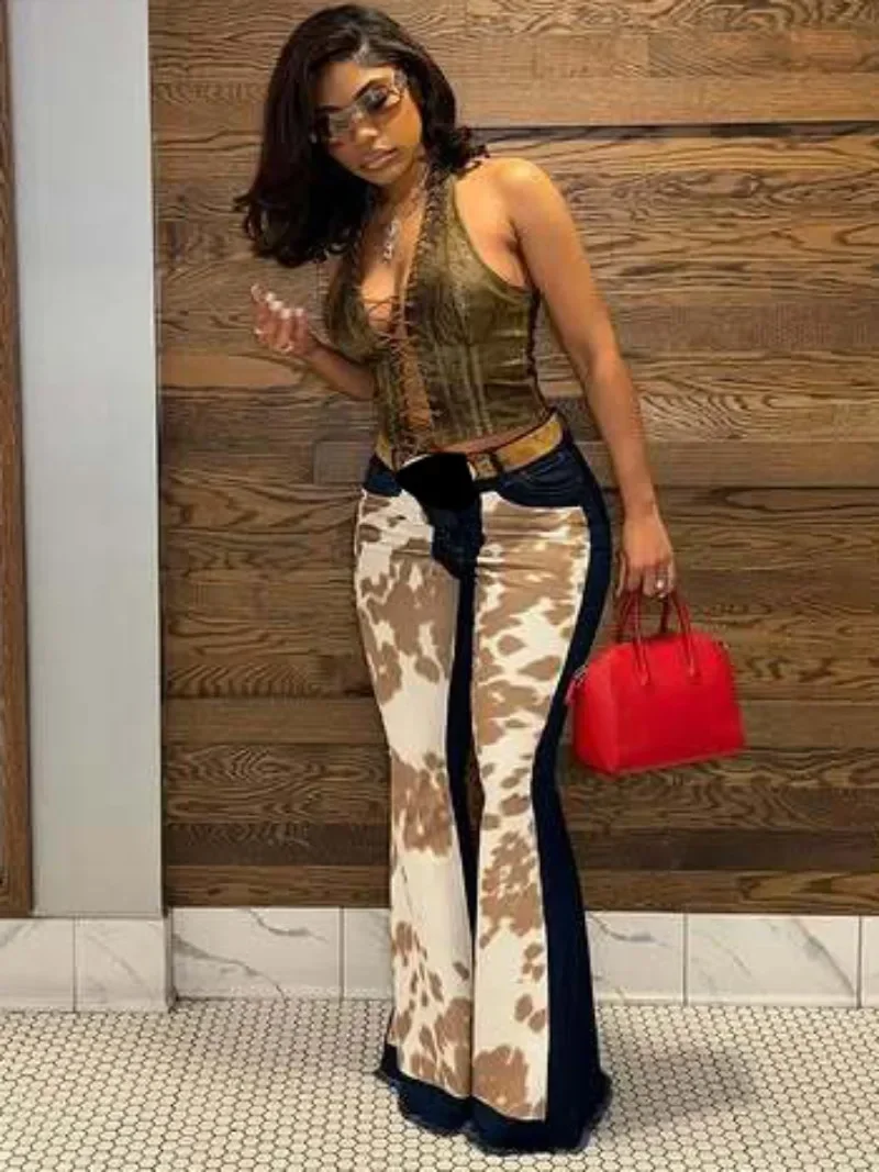 GUWU imprimer Denim Patchwork femmes rue taille haute Flare pantalon jean été sport vacances survêtement pantalons de survêtement pantalon