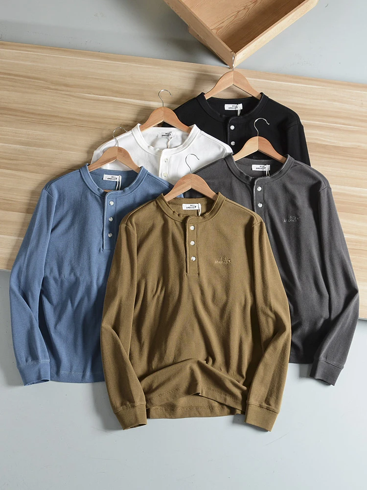 Classic American Casual Button up Henry Collar Hard Man Style Long Sleeve T-Shirt Men's Spring Gingham Pure Color Base Shirt