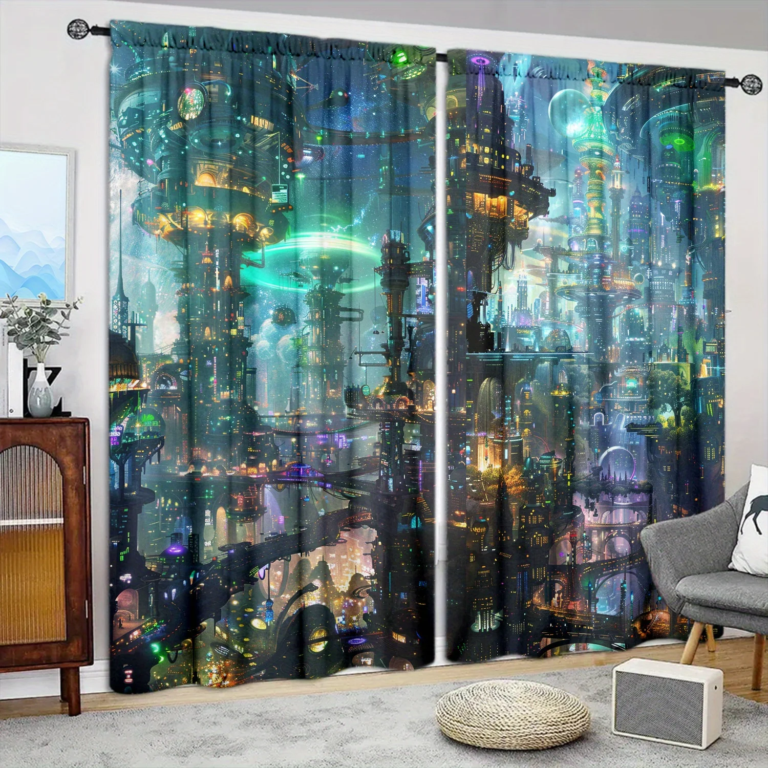 Futuristic Cyber City Curtain 2 Panels, Sci-Fi Neon Skyscraper Hovering Building Starry Night Print, Drapes Bedroom Tech Curtain