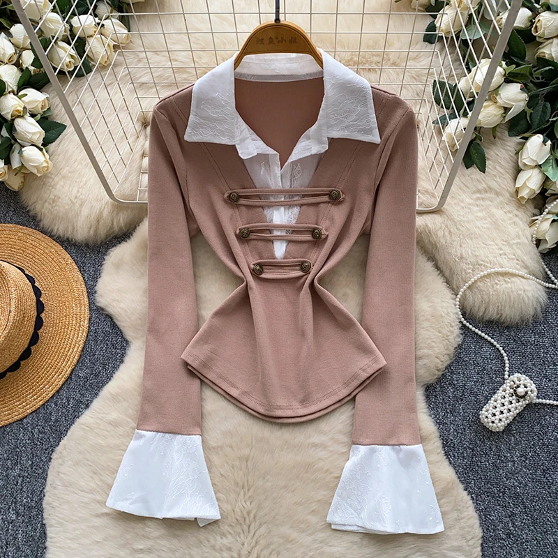 Women Blouse Japan Korean Style Lace Patchwork Long Sleeve Slim Pullover Metal Button Top Fall Spring Shirt Female Top BL618
