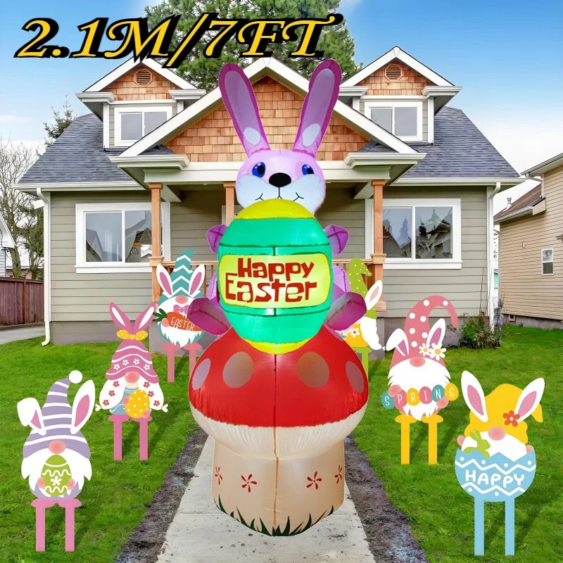 

2.1M/7FT Easter Inflatable Toys Mushroom Rabbit Homes Decorations Model with LED Lights Outdoor Garden Festival DIY Decor Gift