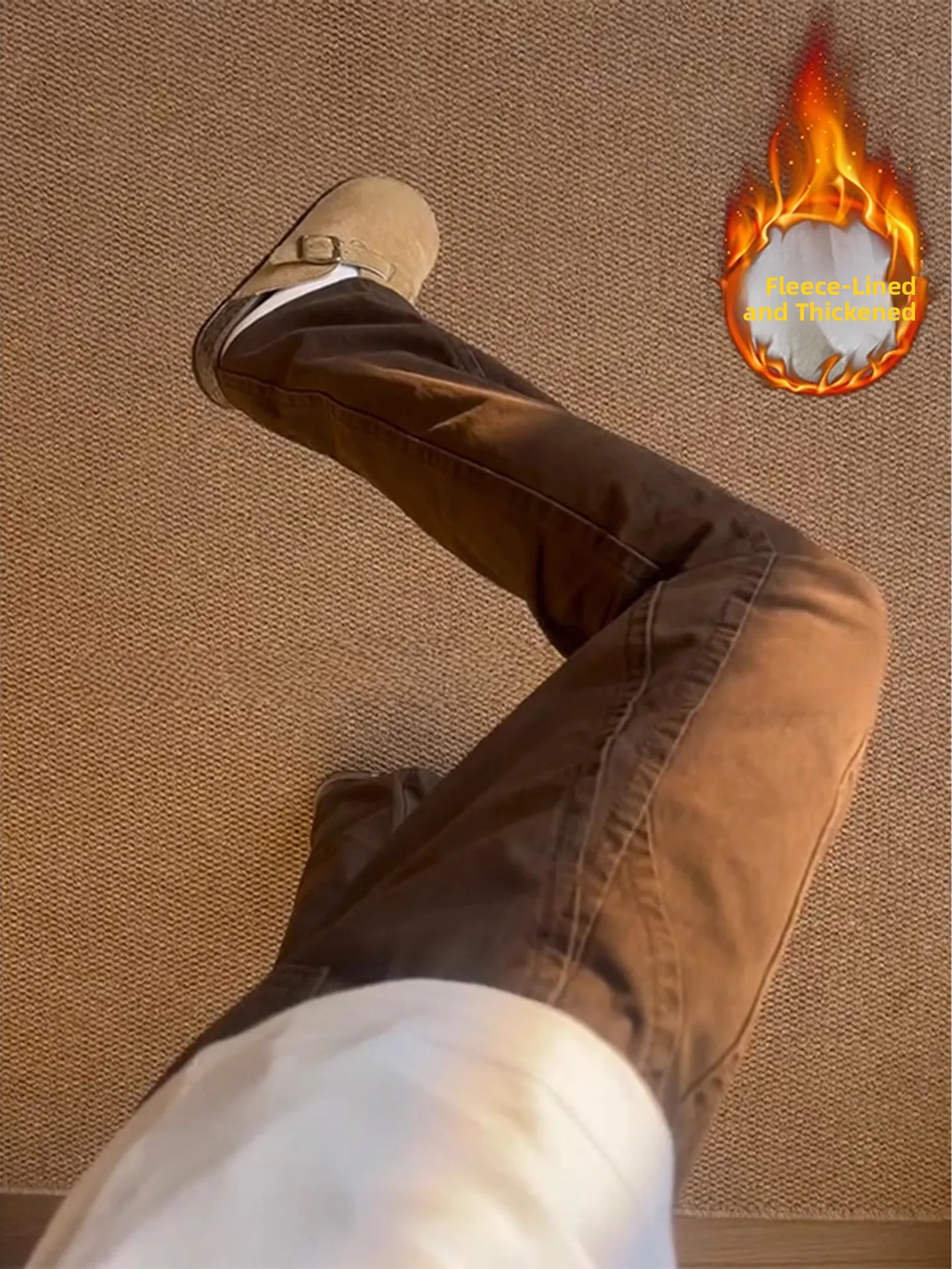 

Мужские прямые джинсы с флисовой подкладкой, кофейного цвета, осенне-зимние повседневные брюки с низкой талией, облегающие, из прочного полиэфирного волокна