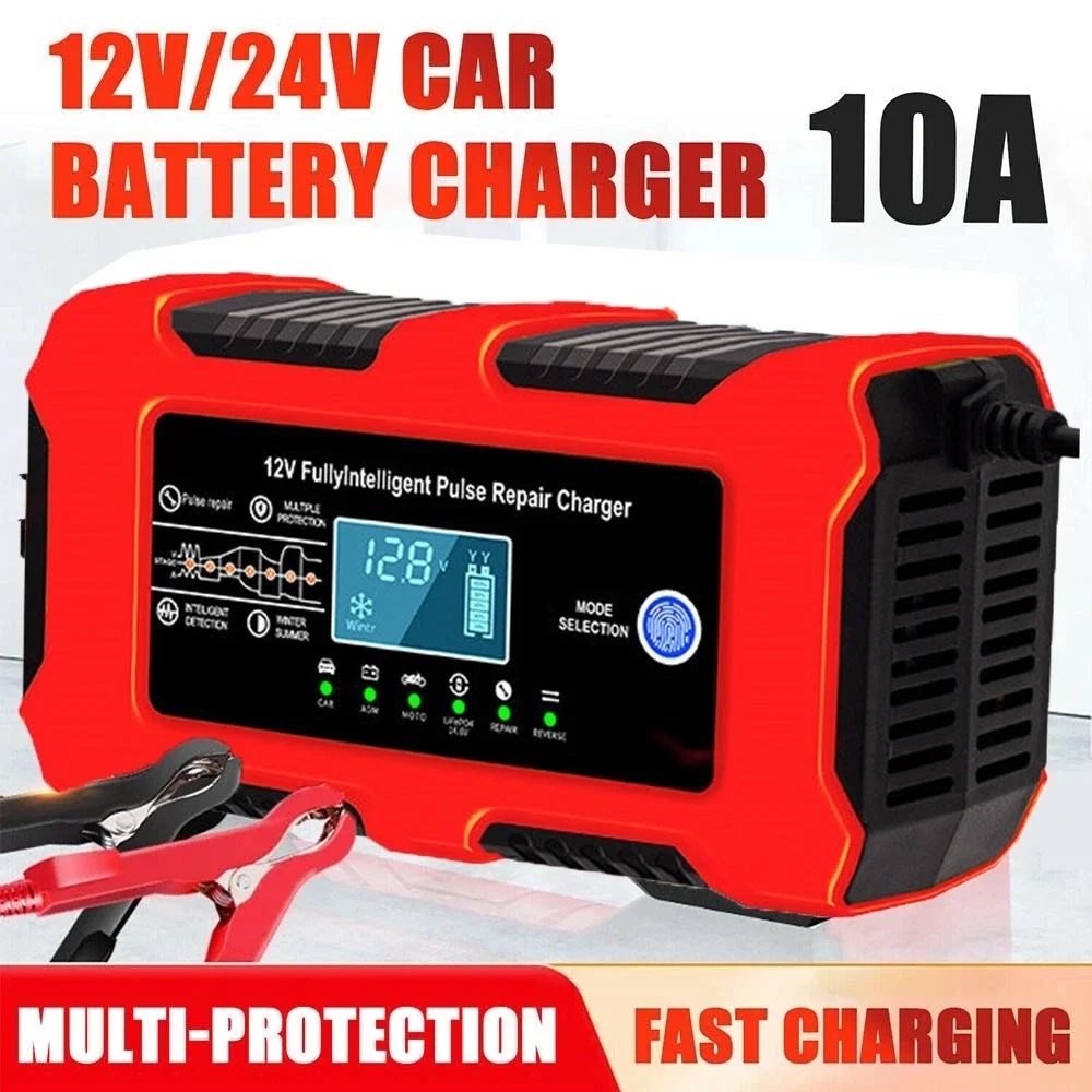 Cargador de Batería de Coche 12V 10A Inteligente con Reparación por Pulsos y Pantalla LCD para Baterías de Coche y Moto