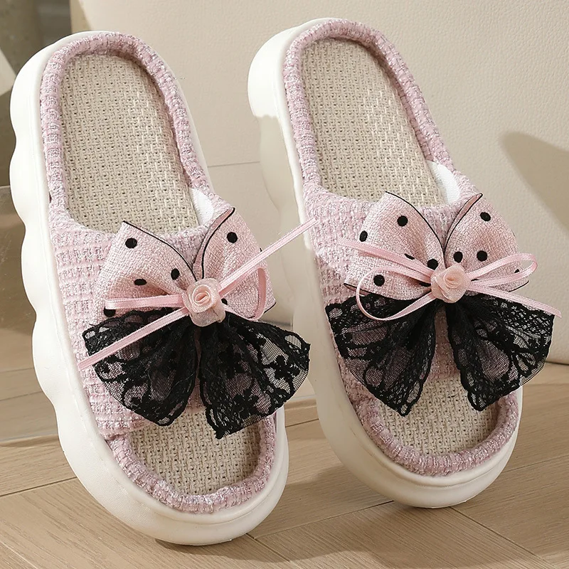 

Домашние тапочки на платформе с бантом, женские милые льняные парные домашние нескользящие толстые забавные сандалии, кружевная домашняя обувь Kawaii, летняя обувь