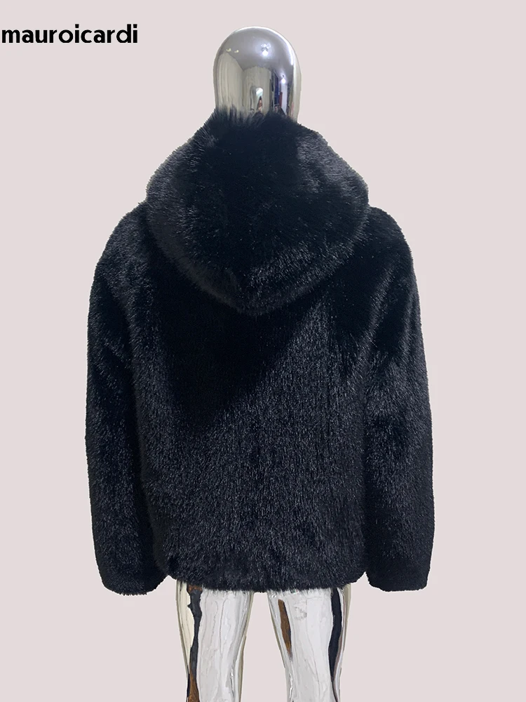 Mauroicardi Winter Short Thickened Warm Hairy Shaggy Black Faux Fox Fur Coat Men with Hood Single Breasted Fluffy Jacket 2025