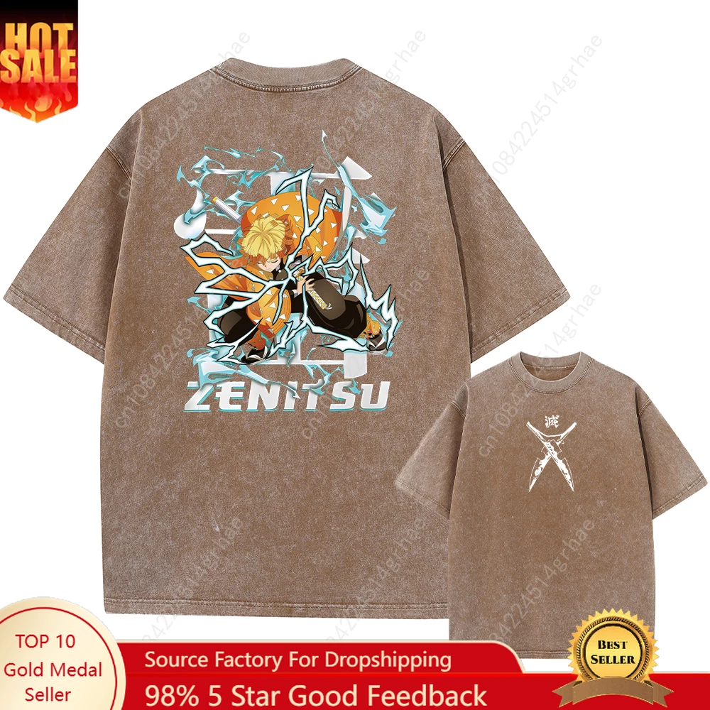 

Anime Demon Slayer Print Acid T Shirt Men Women Washed Cotton T-shirts Retro Harajuku Oversized T Shirt Harajuku Male Tee Unisex