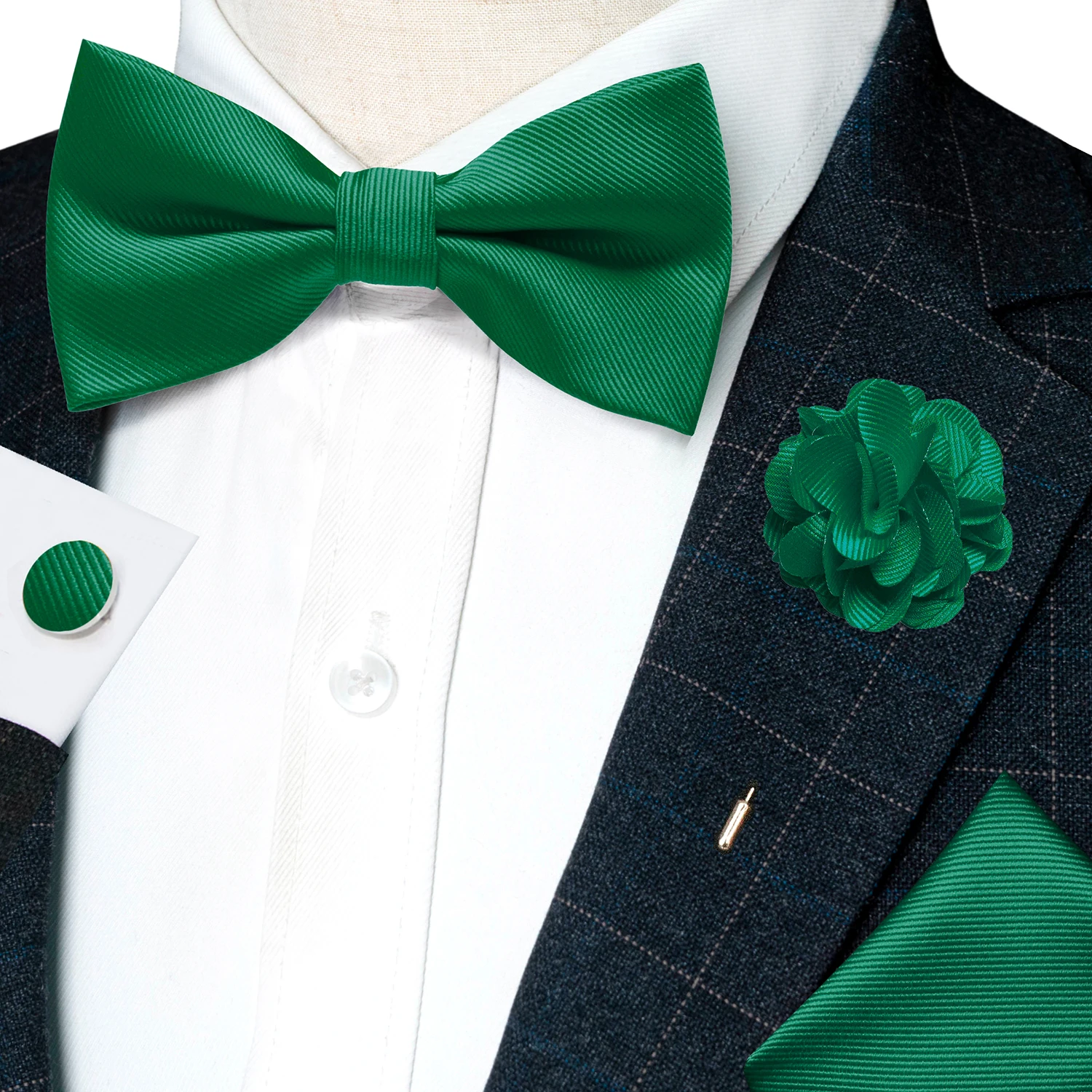 Hochzeits-Fliege für Herren, einfarbig rosa, vorgebundene Fliege, Einstecktuch, Manschettenknöpfe, Corsage-Set, Party, Business, Seiden-Schmetterlingsknoten, Geschenk – Detail 16