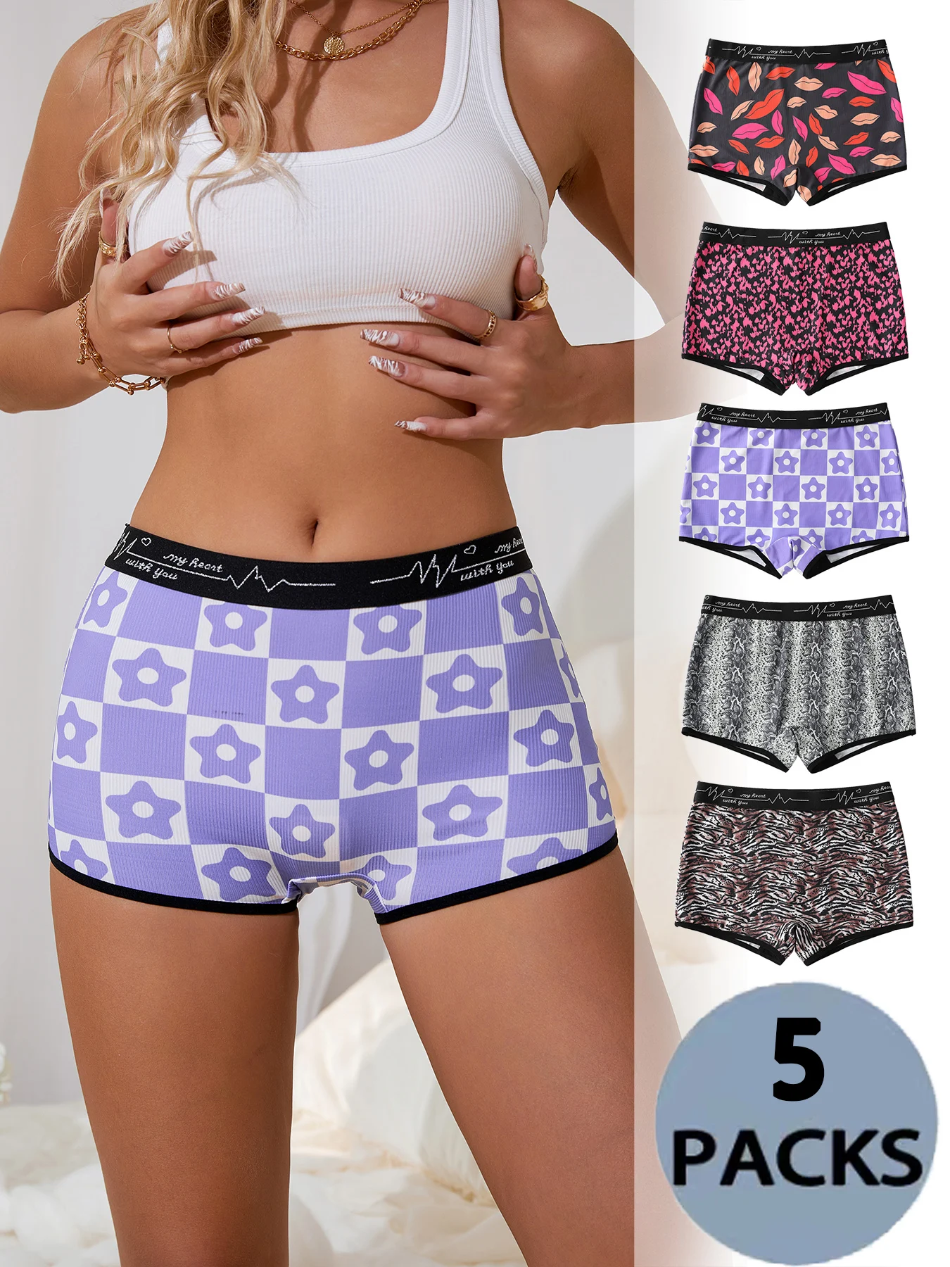 5 pieces of ribbed cloth leopard print, snake print and other prints, comfortable women\'s boxers