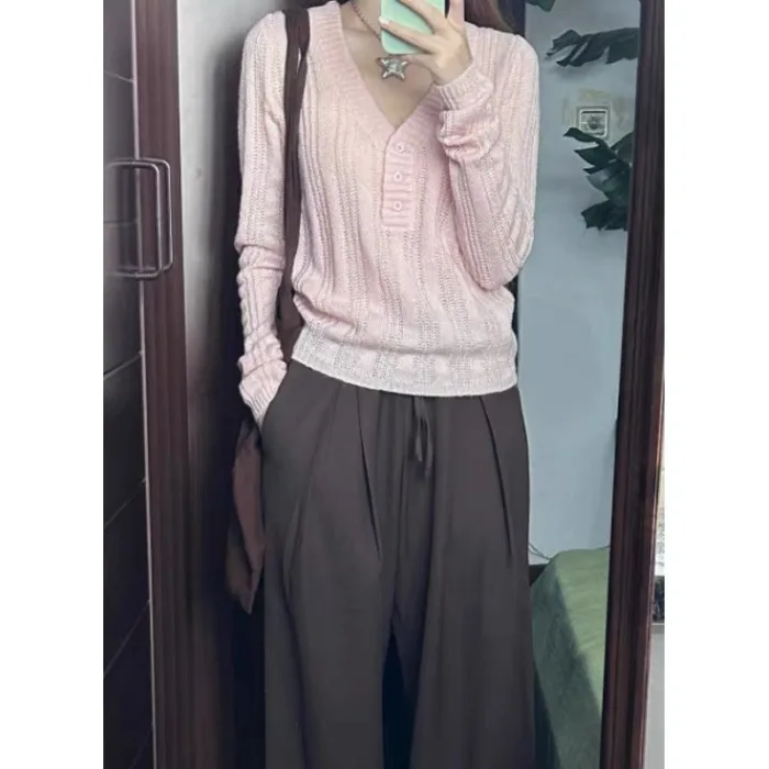 

Розовый вязаный свитер, круглый, на пуговицах, нежный, из мягкого шерстяного материала, женский модный осенний топ, качественный трикотаж