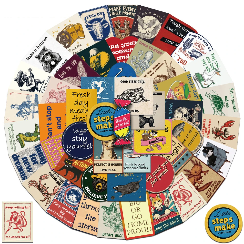 

10/30/50pcs Vintage Cartoon Animal Inspirational Stickers Retro American Style Decals Skateboard Luggage Phone Sticker Wholesale