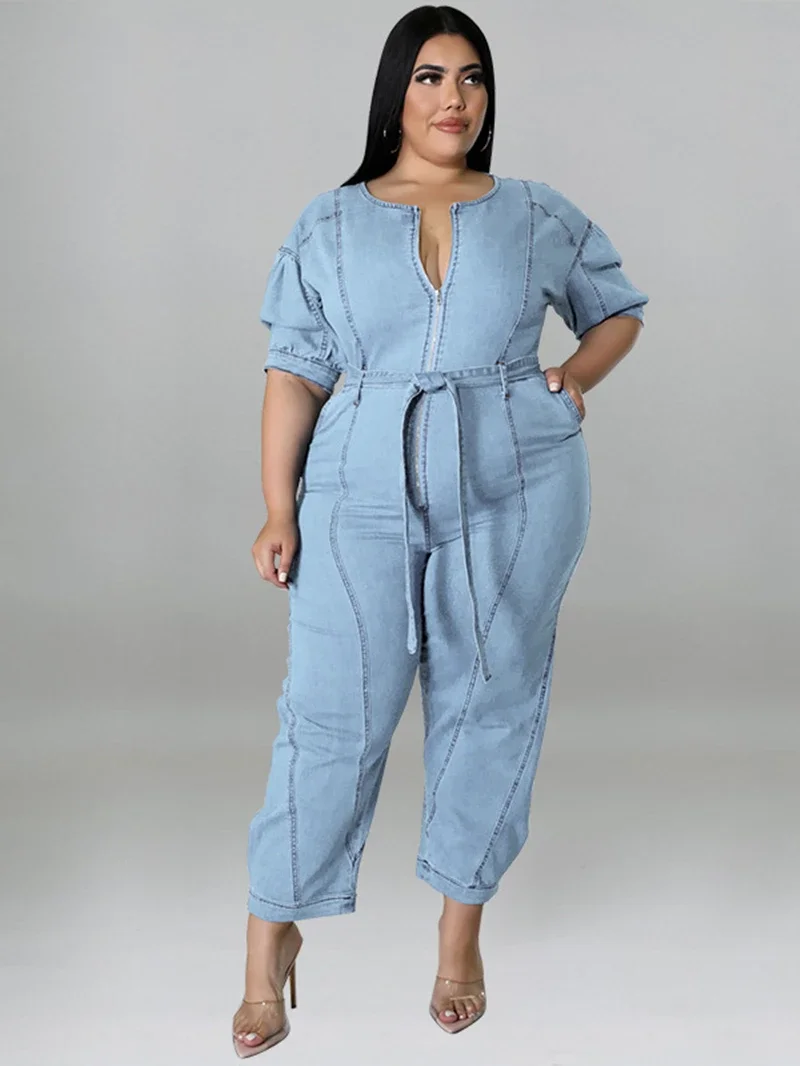 

Streetwear Jean Jumpsuits for Women Summer Y2K Clothing Half Sleeve Zipper Up Denim Rompers Playsuits One Piece Overalls Outfits