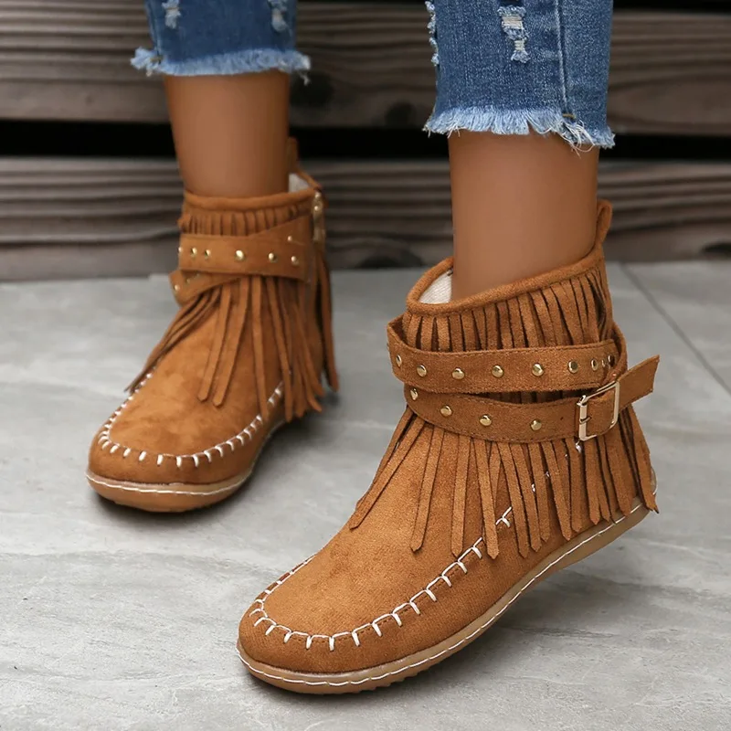 Women Boots Short Leather Flat Shoes Studded Cowboy Tassels Boots Western New Rock Plus Size Goth Punk Suede Zapatos De Mujer